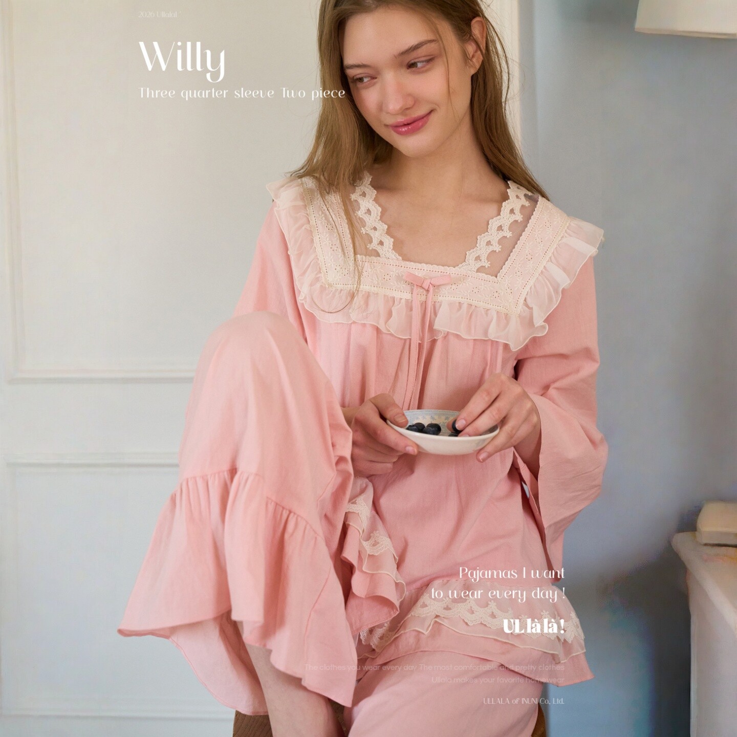 ULLALA韩国2026春纯棉甜美蕾丝花边V领七分袖长裤睡衣套装睡裙女