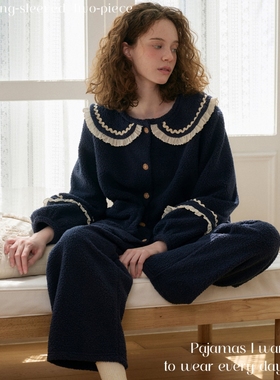 ULLALA韩国2025冬甜美蕾丝花边娃娃领前扣长袖毛绒保暖睡衣套装女