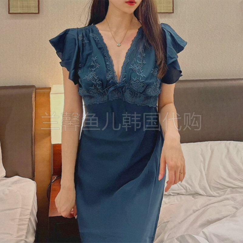 LUNALUZ韩国蕾丝性感V领睡裙女