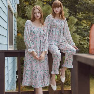 BALCONY韩国2023秋纯棉甜美碎花方领长袖裤睡衣套装睡裙女家居服