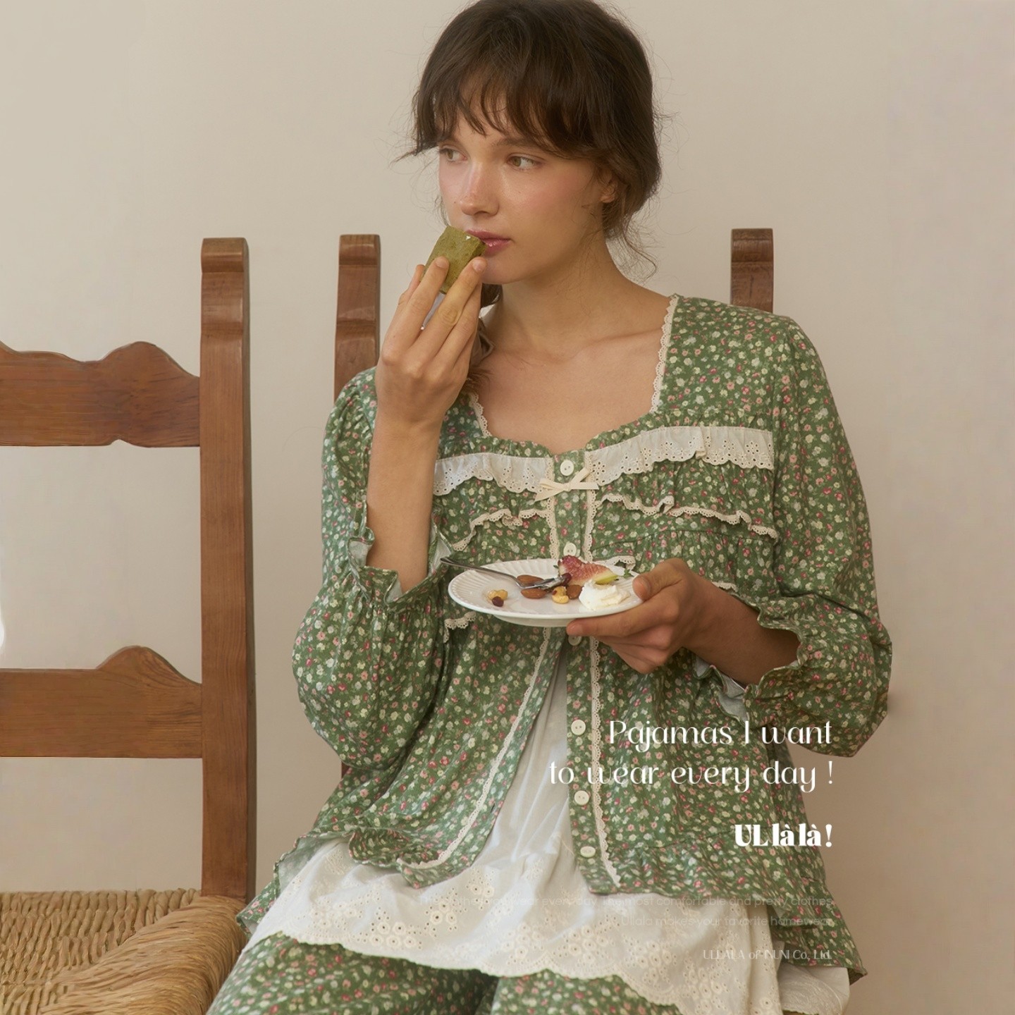 ULLALA韩国2025秋冬磨毛纯棉清新甜美蕾丝碎花方领长袖睡衣套装女