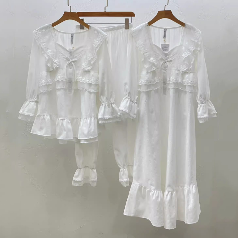 LUNALUZ韩国2024秋季纯棉甜美蕾丝花边方领长袖裤睡衣套装睡裙女