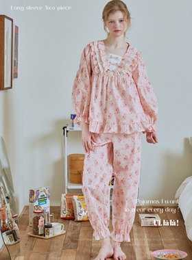 ULLALA韩国睡衣女2026春纯棉甜美蕾丝花边小熊长袖睡裙家居服套装