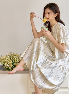 ULLALA韩国乌拉拉进口睡裙女2026夏棉甜美复古碎花V领短袖家居裙