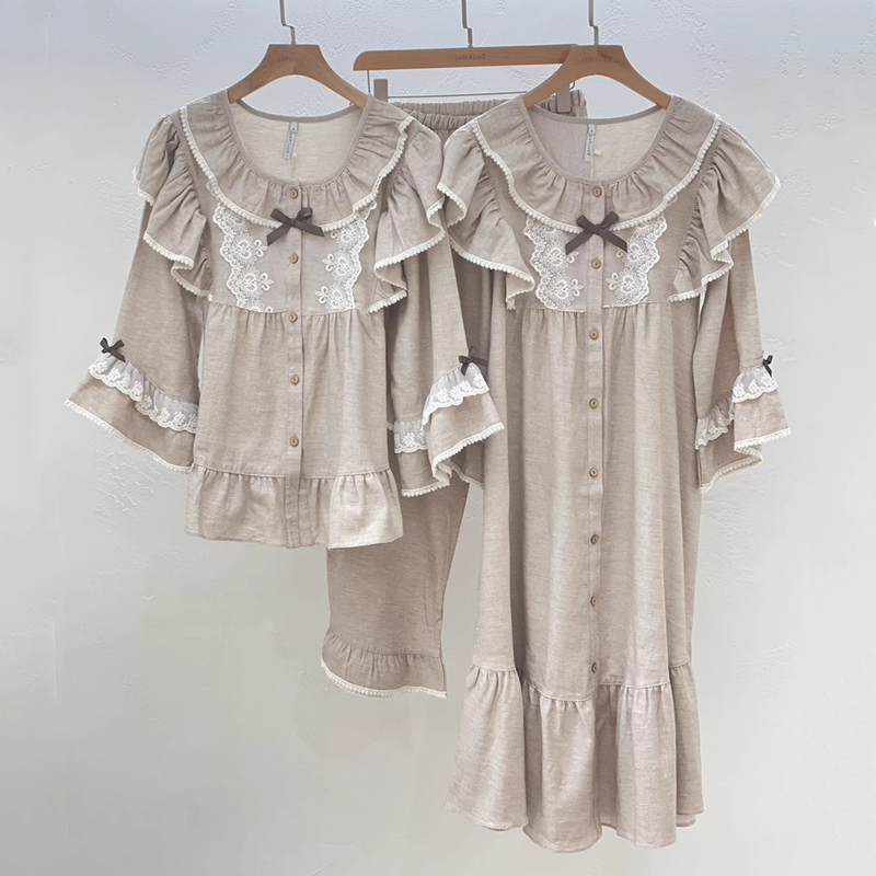 LUNALUZ韩国2024秋纯棉甜美蕾丝花边圆领前扣长袖睡衣套装睡裙女