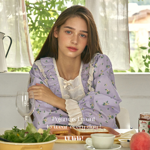 睡衣套装 裤 女 纯棉甜美蕾丝边碎花方领长袖 ULLALA公主韩国2025春季