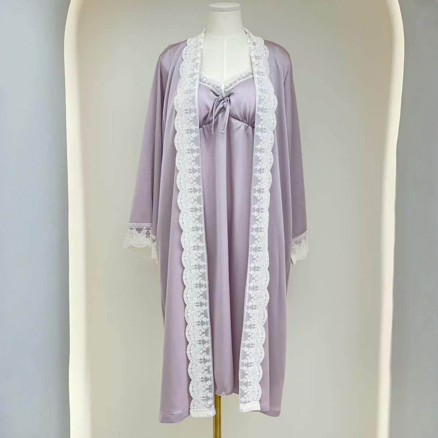 LUNALUZ韩国2025秋季纯色性感蕾丝花边吊带睡裙睡袍家居服套装女