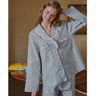 ULLALA韩国乌拉拉睡衣女2026春季纯棉清新甜美印花前扣长袖家居服