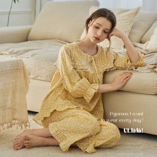 睡裙女 睡衣套装 ULLALA韩国2026春夏纯棉甜美公主风碎花七分袖 长裤