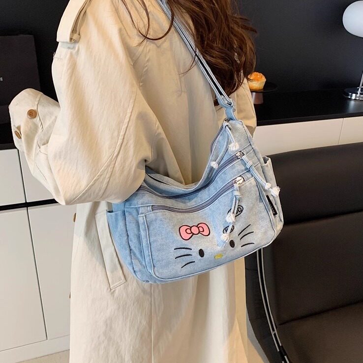 牛仔布包包女孩KT猫2025新款休闲单肩斜挎包大学生上课通勤托特包