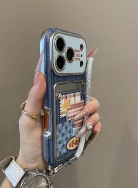 简约拼接格纹星星卡包适用iPhone17promax手机壳15新款17pro网红女款13创意全包防摔16pro超好看17保护套