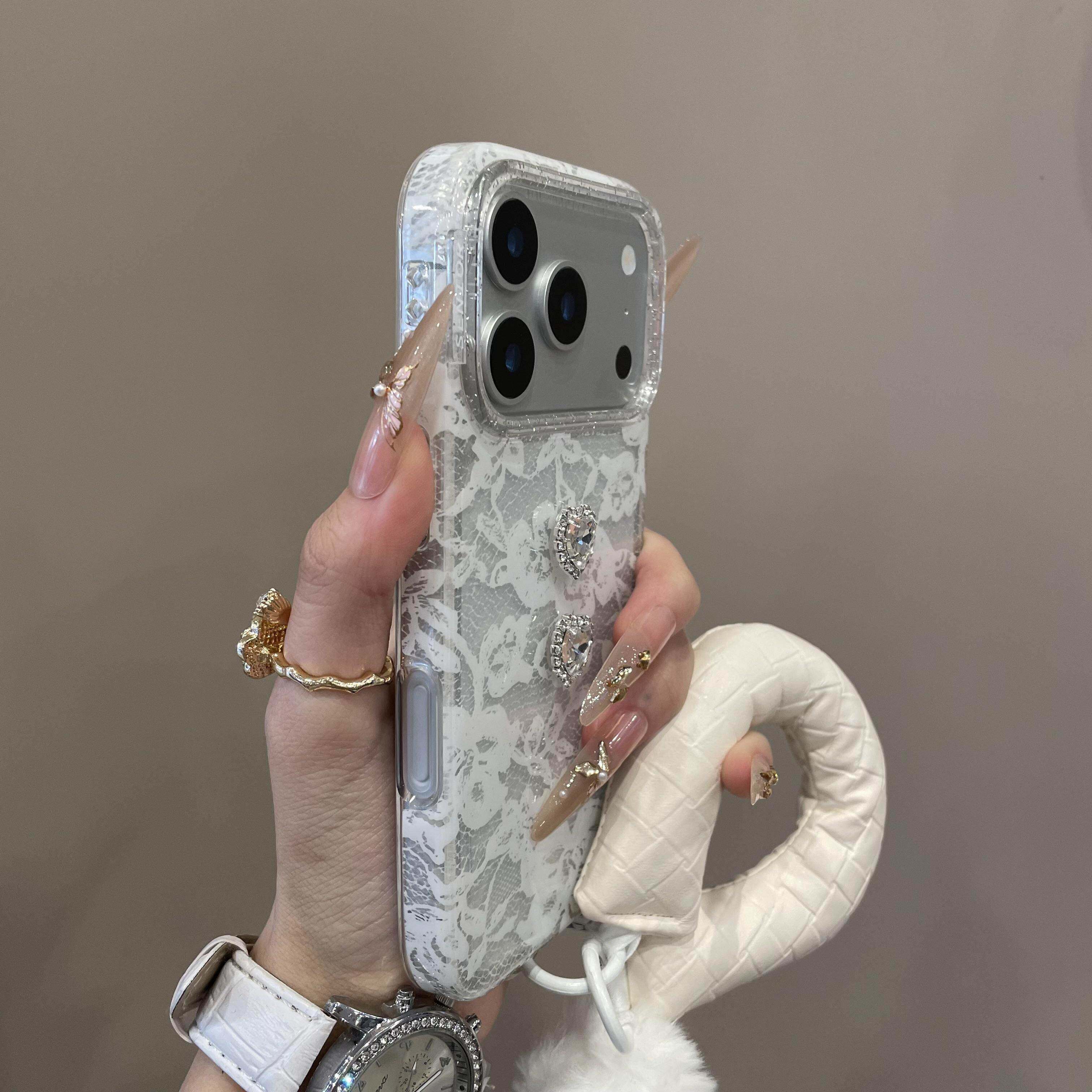 复古蕾丝花朵爱心水钻适用iPhone17promax手机壳15新款17pro网红女款13创意全包防摔16pro超好看17保护套