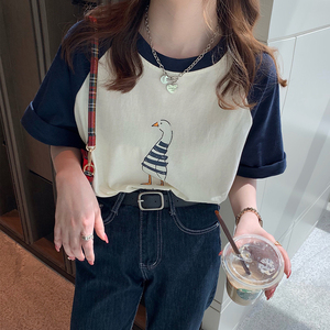 短袖t恤女夏2023年新款宽松圆领拼接韩版纯棉设计感小众上衣体恤