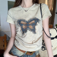 正肩短袖t恤女夏季2024新款美式蝴蝶结设计感小众短款扎染上衣
