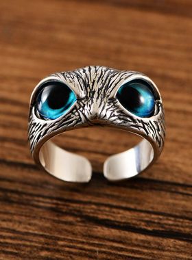 S925纯银猫头鹰戒指复古做旧恶魔之眼雄鹰戒指个性嘻哈开口指环