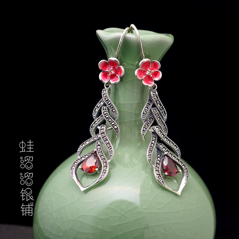 s925纯银凤尾花水滴流苏耳环夸张复古小红花羽毛优雅民族风耳坠