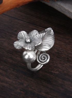 泰国清迈手工银S925纯银花朵戒指树叶子夸张时尚民族风开口食指戒