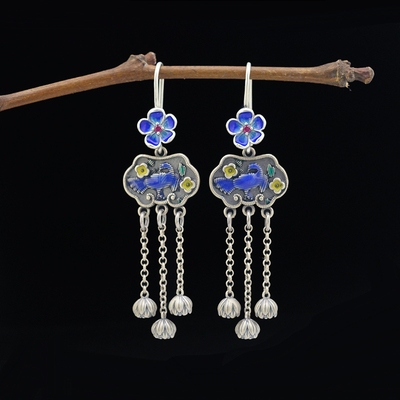 民族风S925纯银滴胶孔雀小花耳环