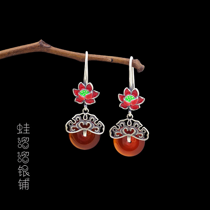 S925纯银红莲花福在眼前平安扣耳环女士复古祥云民族风玛瑙耳饰