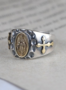 S925纯银宽面金色十字架斑点开口指环复古男女锤纹波点戒指