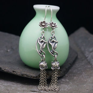 S925纯银兰花指手捻佛珠耳环醒狮子流苏耳坠复古中国风小花耳钩