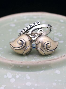 S925纯银喜鹊戒指喜字小铃铛可爱民族风做旧小鸟响铃情侣开口指环