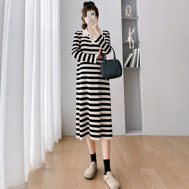 JINGQI MATERNITY AUTUMN CLOTHES 2023 NEW FASHION LAPEL DRESS LOOSE PLUS SIZE TEMPERAMENT PREGNANT WOMEN LITTLE BLACK SKIRT