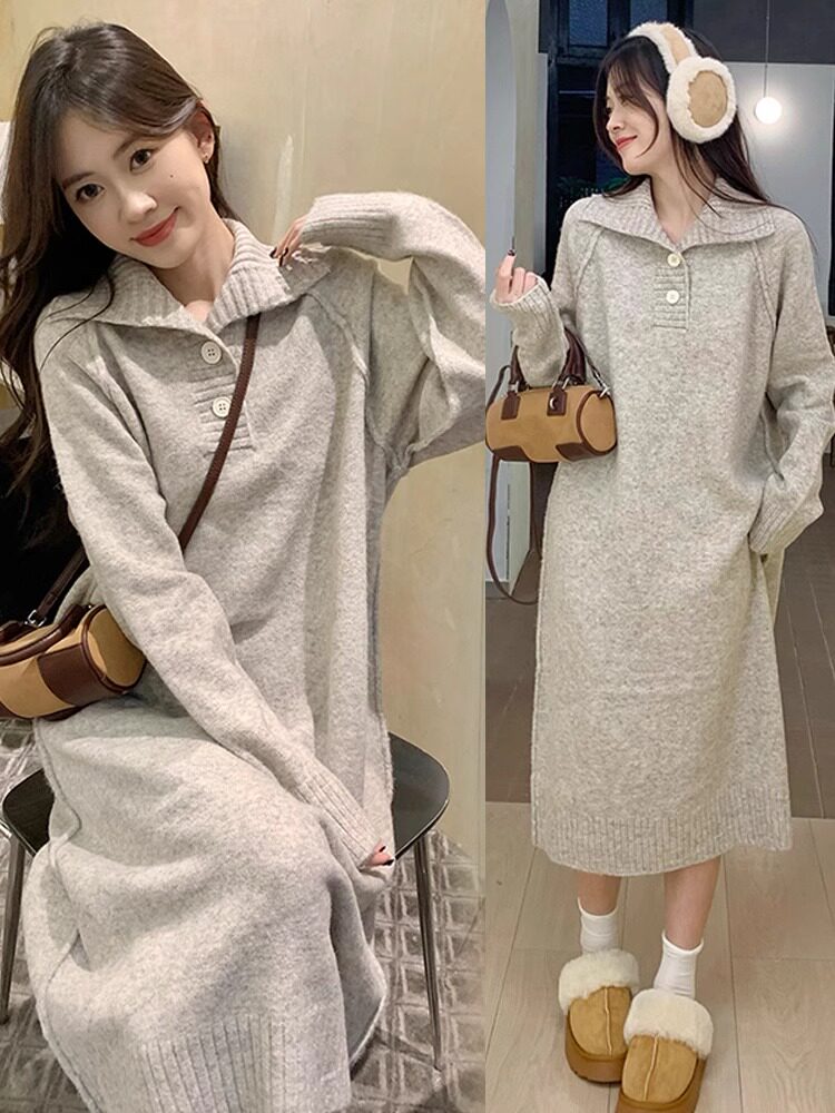 JINGQI MATERNITY DRESS LONG SLEEVE FRENCH SWEET LAPEL KNITTED SWEATER SKIRT LONG LOOSE WEAR AUTUMN AND WINTER CLOTHES