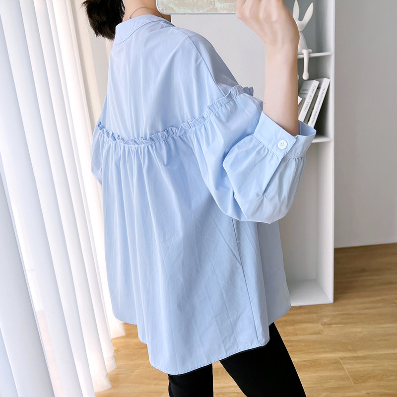 JINGQI 출산 의류 순수 코튼 가을 라운드 넥 대형 탑 긴 소매 디자인 셔츠 중간 길이 덮고 엉덩이 가을 옷