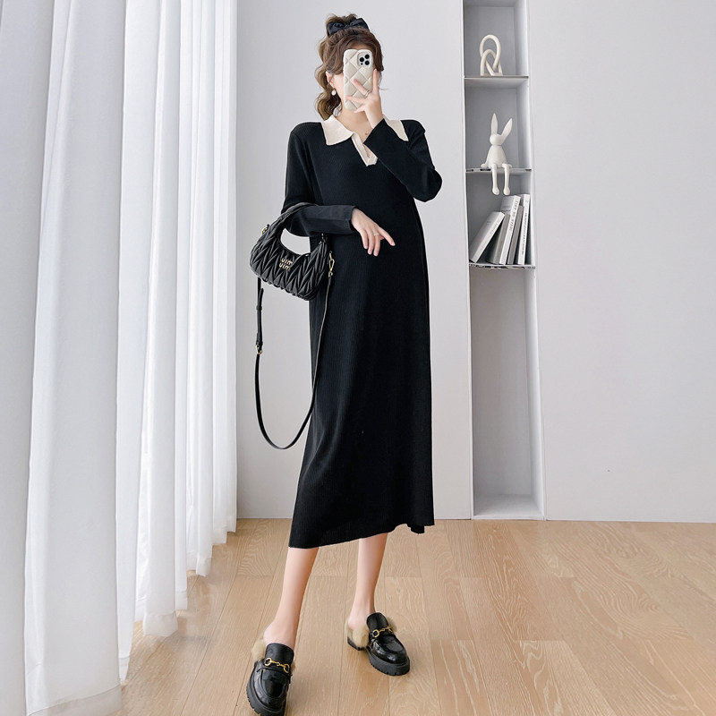 JINGQI MATERNITY AUTUMN CLOTHES 2023 NEW FASHION LAPEL DRESS LOOSE PLUS SIZE TEMPERAMENT PREGNANT WOMEN LITTLE BLACK SKIRT