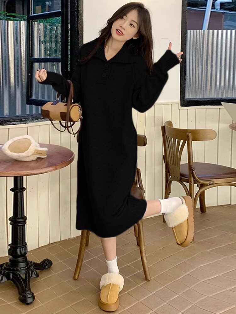 JINGQI MATERNITY DRESS LONG SLEEVE FRENCH SWEET LAPEL KNITTED SWEATER SKIRT LONG LOOSE WEAR AUTUMN AND WINTER CLOTHES