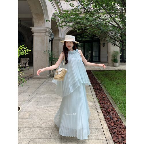 Rian trea雨婷 法式温柔风百褶纱裙套装女夏季无袖蕾丝两件套长裙