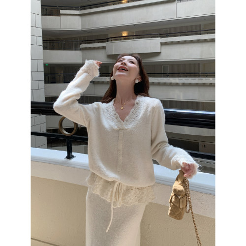 Rian trea雨婷 软糯蕾丝针织米白开衫上衣女高腰半身长裙气质套装