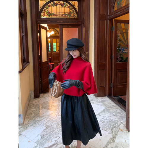 Rian trea雨婷复古名媛风皮感宽松大摆中长款遮胯显瘦黑色A字半裙