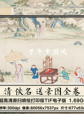 清朝佚名送亲图卷古代传统民间嫁女娶亲习俗绘画高清电子图片素材