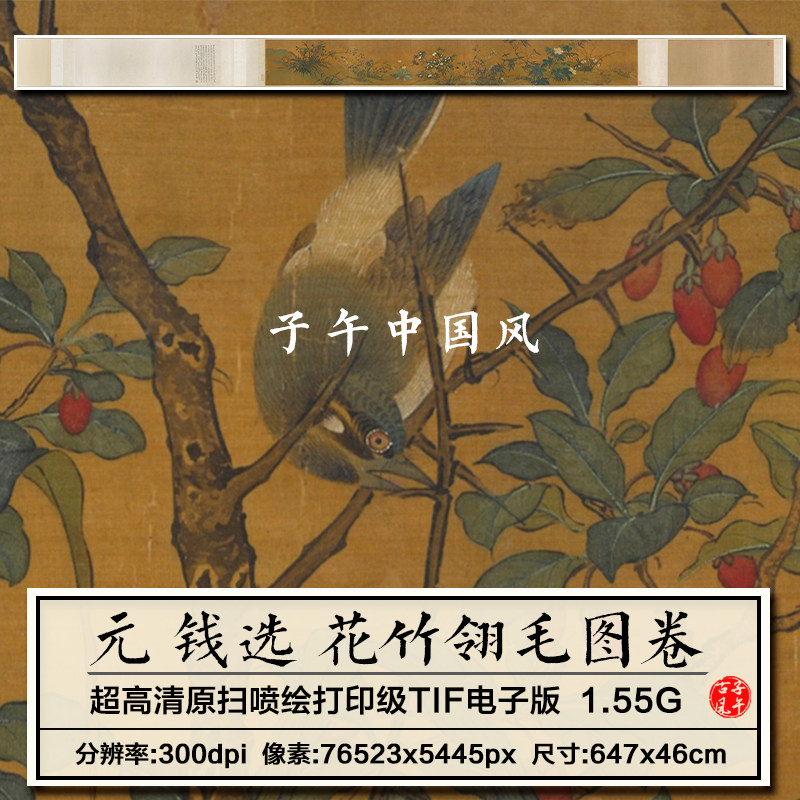 钱选花竹翎毛图卷元朝古代工笔花鸟绘画高清装饰打印电子图片素材
