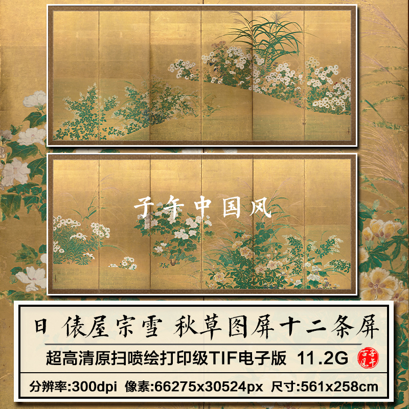 日本俵屋宗雪秋草图屏风12条屏金底花草日式装饰画高清电子版图片