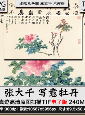 张大千 写意牡丹图 名人字画水彩笔墨花卉高清扫描电子版素材图片