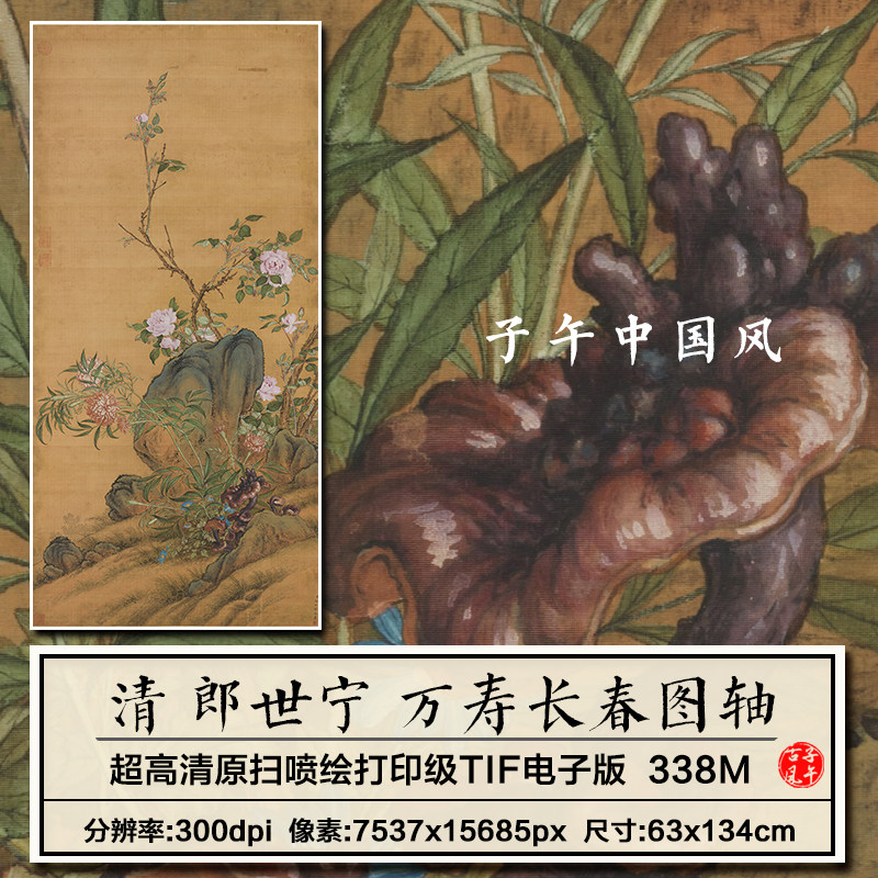 郎世宁万寿长春图轴清朝古代工笔灵芝奇石花卉装饰画高清电子图片
