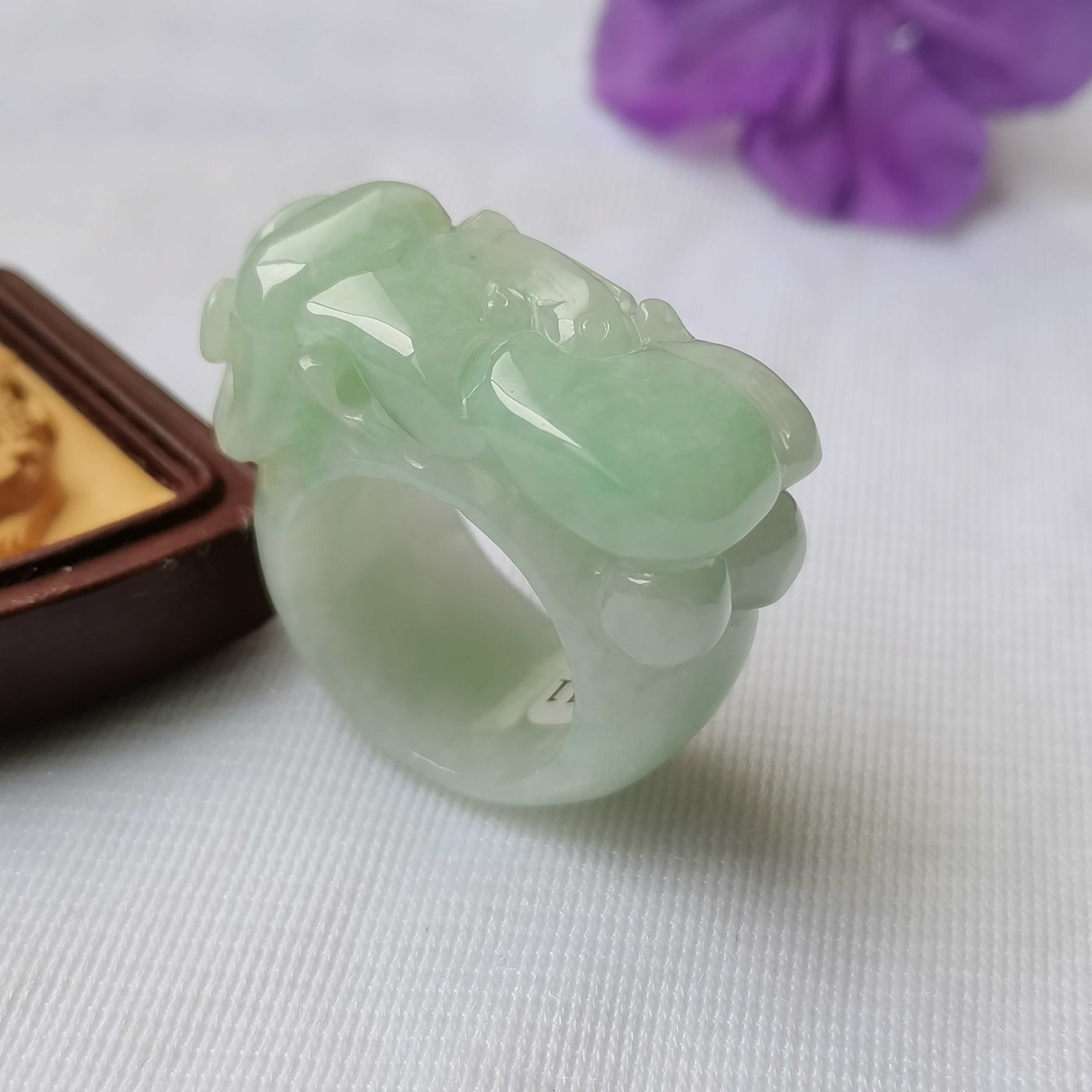 缅甸天然翡翠A货如意戒指指环飘花带证书