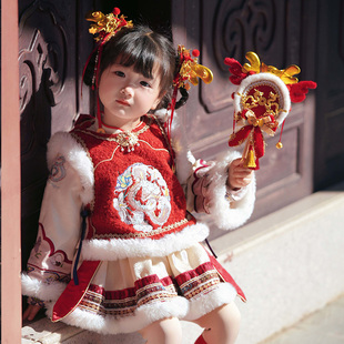 原创腾蛟起凤女童中式 秋冬抓周生日加绒传统国风礼裙 年服汉服套装