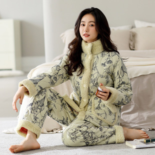 睡衣女冬季三层夹棉纯棉夹层加绒加厚保暖冬天可外穿家居服秋冬
