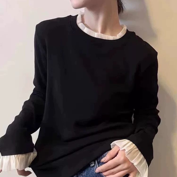 韩系木耳边网纱拼接撞色加绒领长袖T恤女2025秋冬新款宽松打底衫