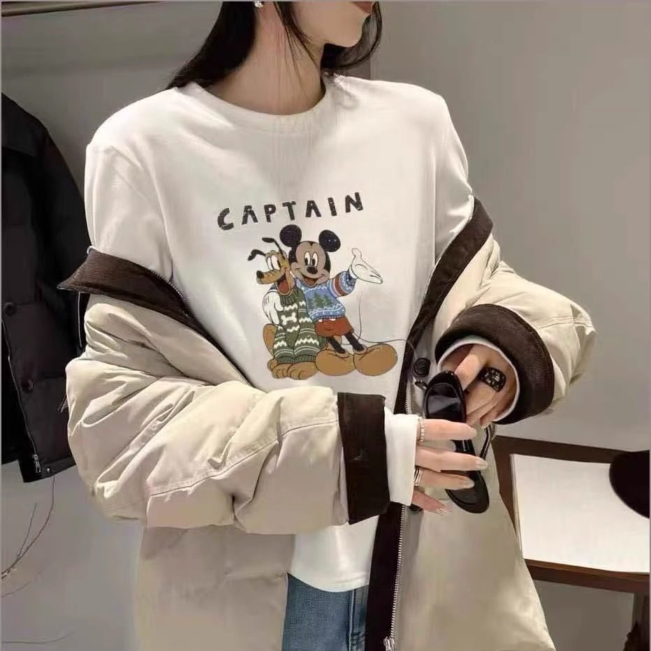 2025秋冬新款韩版卡通米奇印花短款德绒T恤女圆领舒适打底衫上衣