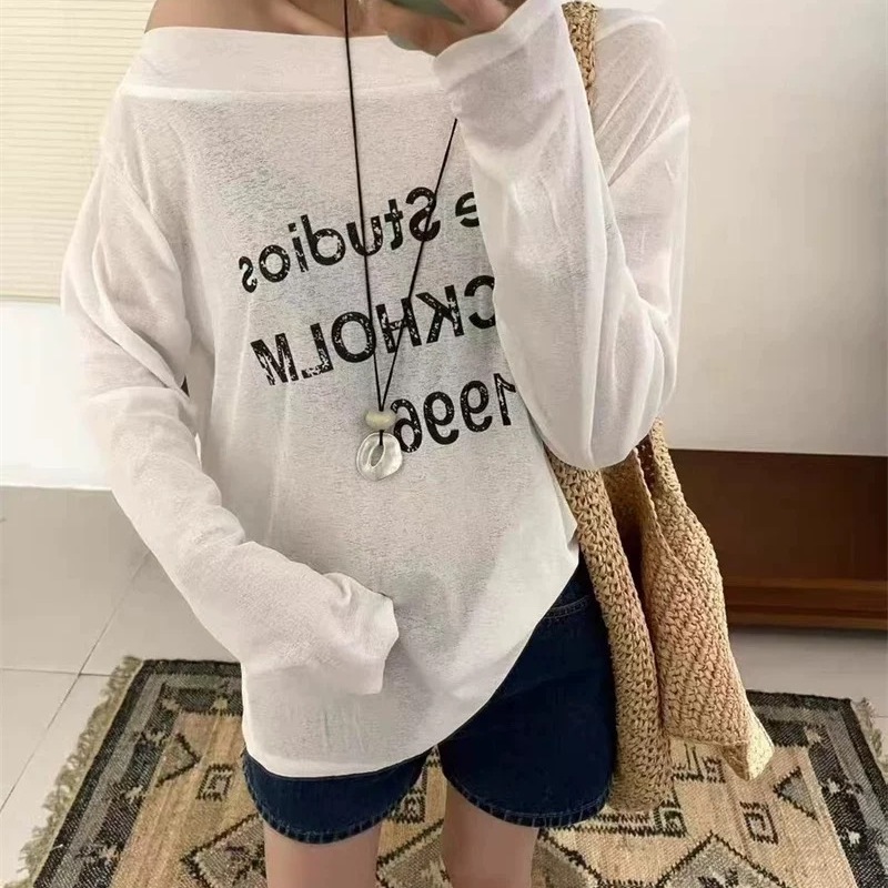 一字肩防晒衣女夏季薄款字母印花时尚设计感长袖t恤冰丝罩衫上衣