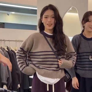 复古全羊毛条纹拼色针织衫女2024秋季新款高级感软糯小个子宽松潮
