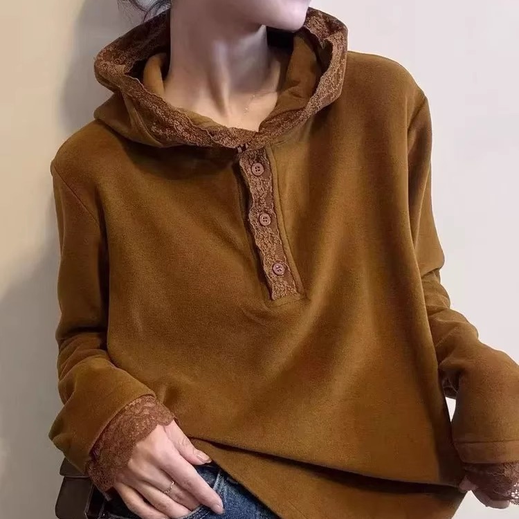 极简风连帽长袖T恤女宽松蕾丝