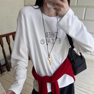 休闲打底衫 笑脸字母刺绣大版 欧货女装 新款 潮 T恤女欧洲站2025冬装
