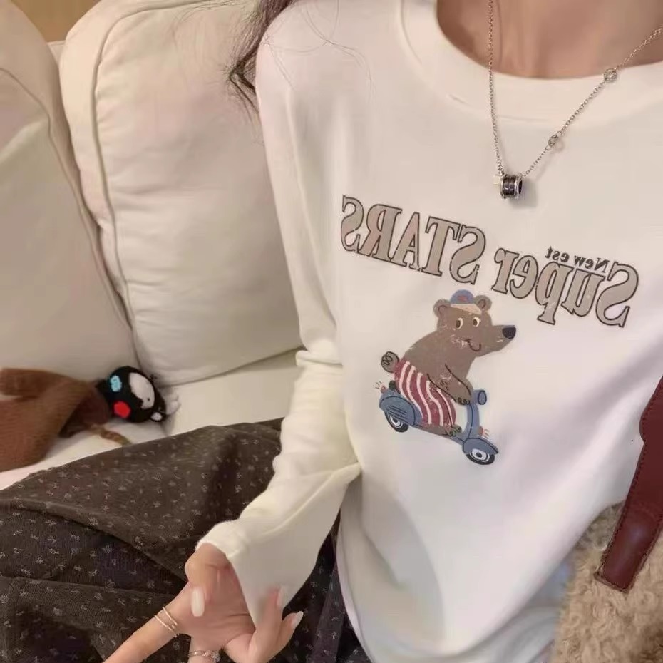 韩版卡通骑车小熊印花T恤女上衣