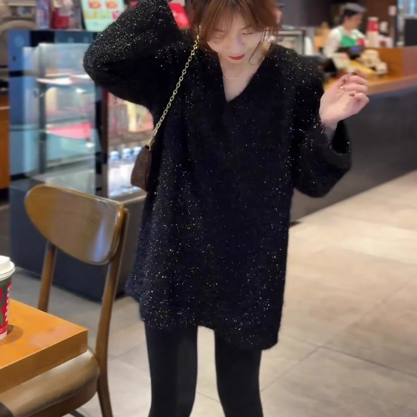 亮片v领内搭打底衫长袖t恤女